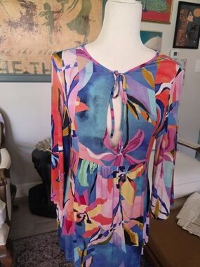 Abstract Floral Keyhole Mini Dress in Multicolor